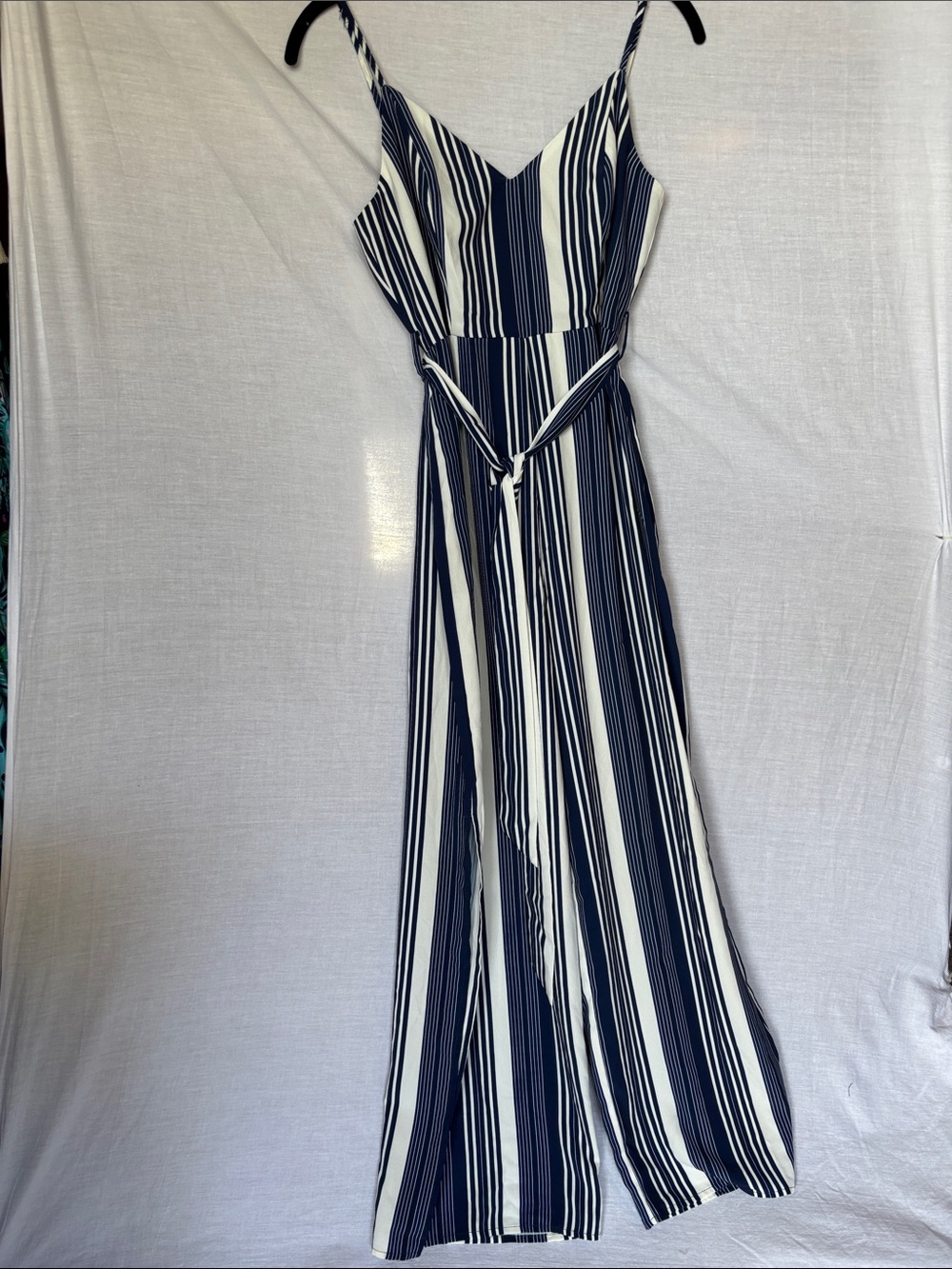 Guess Navy and White Striped Pantsuit with Belted  Waist and Side Slit Wide Legs